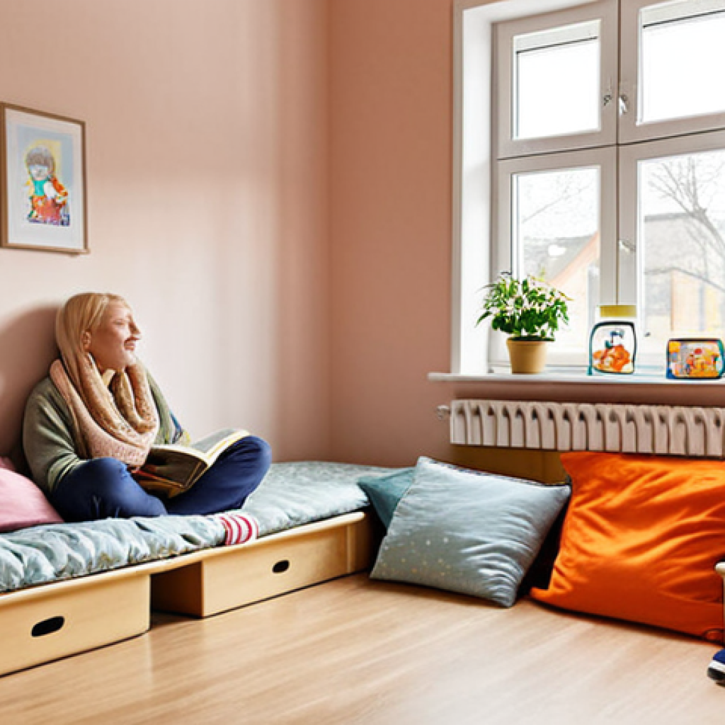 **A cozy reading corner in a Swedish preschool, with soft cushions, blankets, and a child caregiver singing softly to a small group of children. The atmosphere is warm, inviting, and safe, aiming to reduce separation anxiety.**