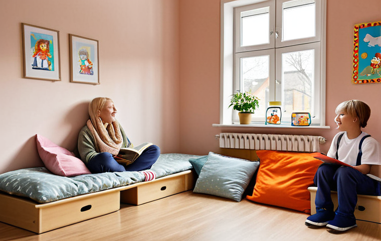 **A cozy reading corner in a Swedish preschool, with soft cushions, blankets, and a child caregiver singing softly to a small group of children. The atmosphere is warm, inviting, and safe, aiming to reduce separation anxiety.**