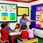 **A vibrant and colorful preschool classroom featuring children interacting with an interactive whiteboard. The scene includes a teacher guiding them through a digital learning game. Various handmade visual aids (colorful posters, models) are displayed around the room.**