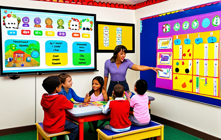**A vibrant and colorful preschool classroom featuring children interacting with an interactive whiteboard. The scene includes a teacher guiding them through a digital learning game. Various handmade visual aids (colorful posters, models) are displayed around the room.**