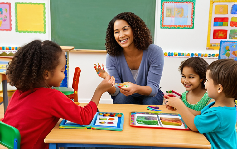 **
A warm and inviting kindergarten classroom. Focus on a diverse group of young children actively engaged in various learning activities like painting, building with blocks, and reading books. A smiling teacher is interacting positively with a child. The overall feeling should be bright, joyful, and stimulating, emphasizing the importance of early childhood education.
**