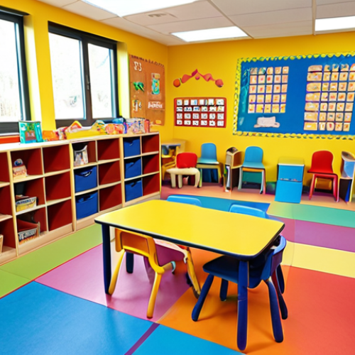 **A colorful and inviting preschool classroom.** (Focus: Stimulating learning environment - age-appropriate toys and books visible, organized zones.)