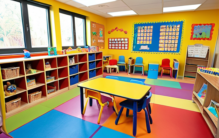 **A colorful and inviting preschool classroom.** (Focus: Stimulating learning environment - age-appropriate toys and books visible, organized zones.)