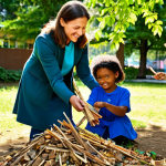 A diverse group of happy preschool children and a female preschool teacher are engaged in outdoor play-based learning in a sunny, natural environment. Some children are building a small fort using sticks and leaves, while others sort recycled materials like colorful plastic bottles and cardboard tubes into bins. The teacher, wearing modest, professional dress suitable for outdoor activities, smiles gently as she supervises and encourages their collaborative efforts. The scene emphasizes hands-on exploration and sustainability. Fully clothed, appropriate attire, safe for work, family-friendly, perfect anatomy, correct proportions, natural pose, well-formed hands, proper finger count, natural body proportions, professional photography, high quality, soft natural light.