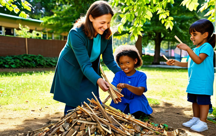 A diverse group of happy preschool children and a female preschool teacher are engaged in outdoor play-based learning in a sunny, natural environment. Some children are building a small fort using sticks and leaves, while others sort recycled materials like colorful plastic bottles and cardboard tubes into bins. The teacher, wearing modest, professional dress suitable for outdoor activities, smiles gently as she supervises and encourages their collaborative efforts. The scene emphasizes hands-on exploration and sustainability. Fully clothed, appropriate attire, safe for work, family-friendly, perfect anatomy, correct proportions, natural pose, well-formed hands, proper finger count, natural body proportions, professional photography, high quality, soft natural light.