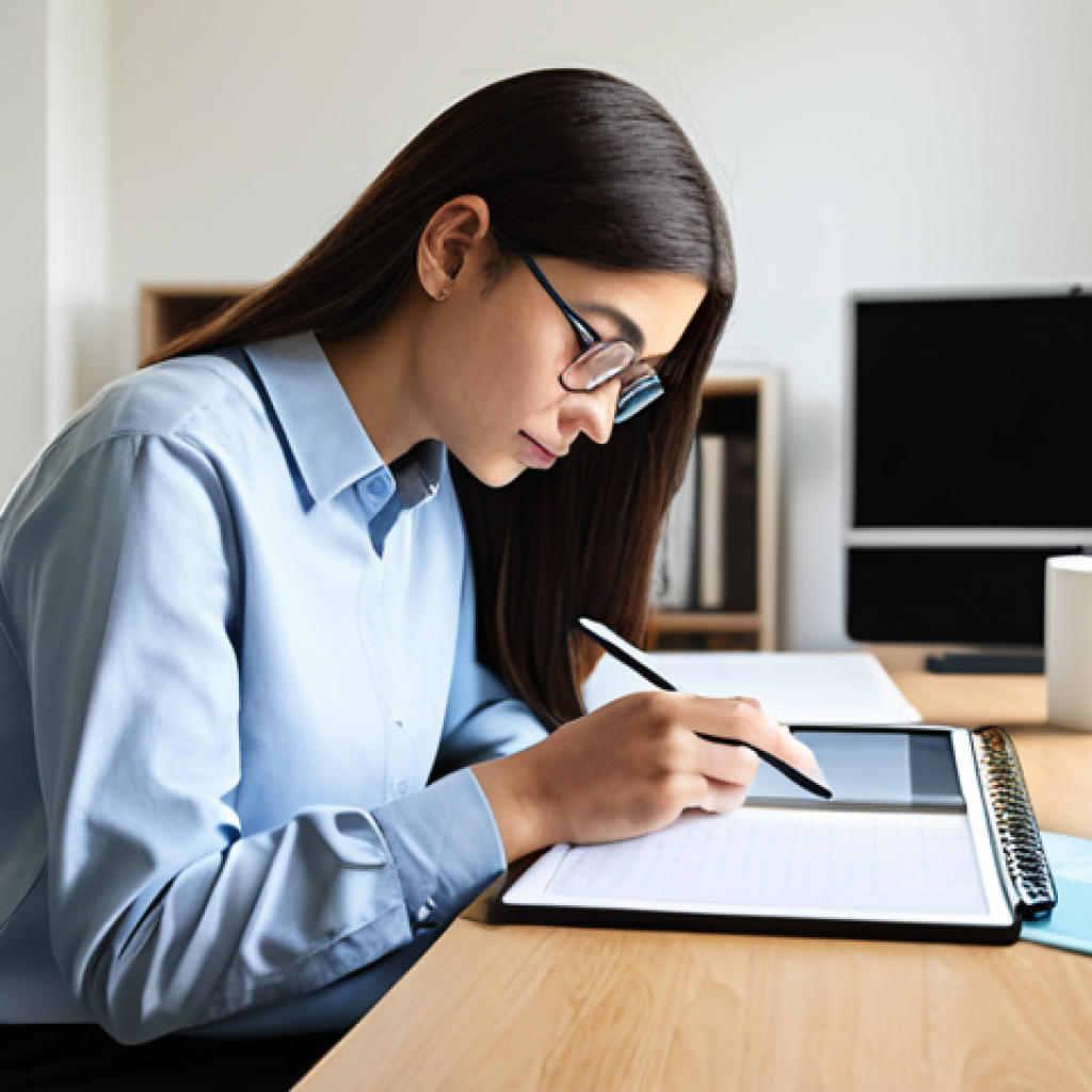 A focused adult student, fully clothed in modest, professional attire, meticulously organizing a study plan on a digital tablet at a clean, well-lit desk in a modern home office. Organized books, notebooks, and a cup of tea are neatly arranged on the desk, emphasizing a structured learning environment. The atmosphere is calm and studious. perfect anatomy, correct proportions, natural pose, well-formed hands, proper finger count, natural body proportions, professional photography, high quality, safe for work, appropriate content, family-friendly.
