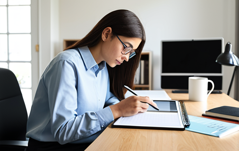 A focused adult student, fully clothed in modest, professional attire, meticulously organizing a study plan on a digital tablet at a clean, well-lit desk in a modern home office. Organized books, notebooks, and a cup of tea are neatly arranged on the desk, emphasizing a structured learning environment. The atmosphere is calm and studious. perfect anatomy, correct proportions, natural pose, well-formed hands, proper finger count, natural body proportions, professional photography, high quality, safe for work, appropriate content, family-friendly.