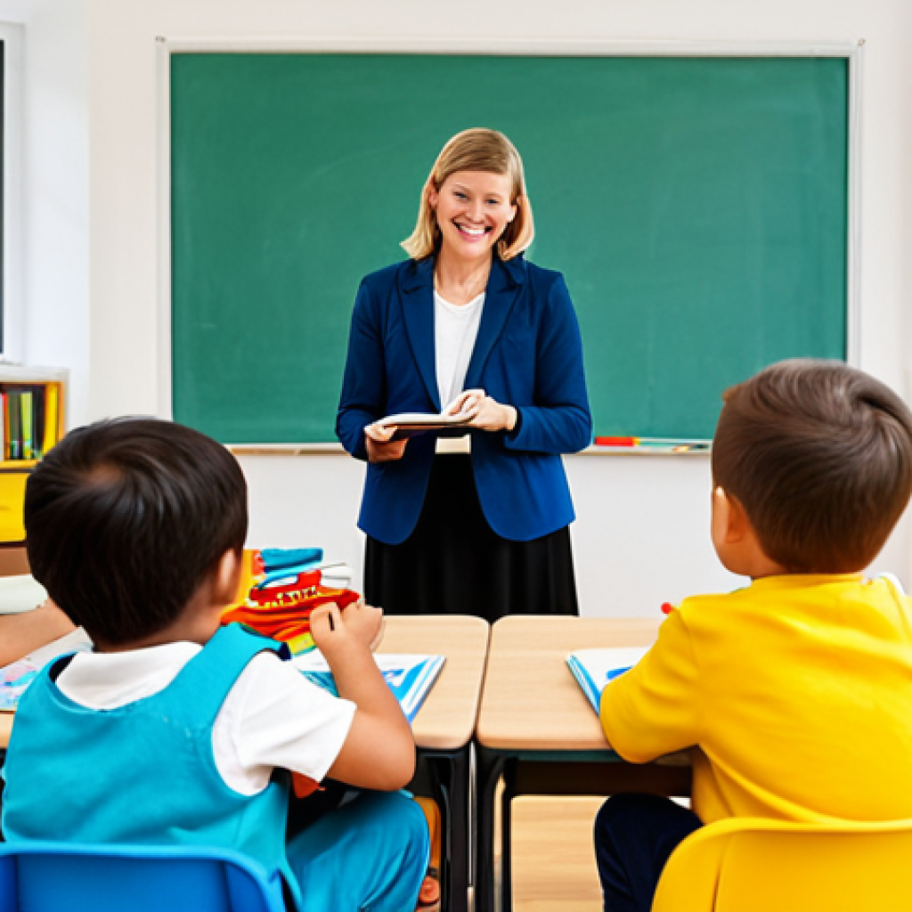 **

"A professional kindergarten teacher, fully clothed in practical and colorful, yet modest clothing suitable for working with children, is leading a small group of children in a circle time activity. They are in a bright and cheerful classroom with age-appropriate learning materials, picture books, and soft toys. The room is well-lit and organized, showcasing a typical 'förskola' environment. Safe for work, appropriate content, family-friendly, perfect anatomy, natural proportions, well-formed hands, proper finger count, professional."

**