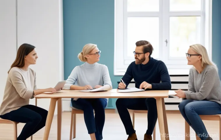 유아교육지도사 연봉협상 시 고려사항 - **Prompt:** A professional and collaborative scene featuring three diverse Swedish preschool teacher...