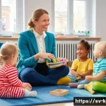 유아교육지도사 퇴직 후 활용 가능한 스킬 - A professional Swedish preschool teacher in a bright, colorful classroom setting, wearing modest and...