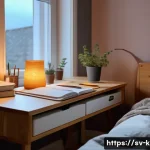 유아교육지도사 실기시험 전날 체크리스트 - A cozy Swedish bedroom scene in the evening, softly lit by a scented candle on a wooden nightstand n...
