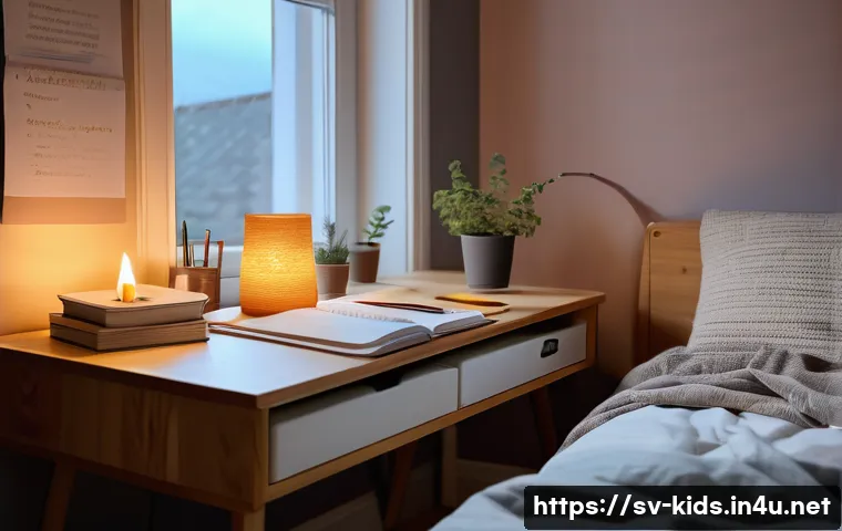 유아교육지도사 실기시험 전날 체크리스트 - A cozy Swedish bedroom scene in the evening, softly lit by a scented candle on a wooden nightstand n...