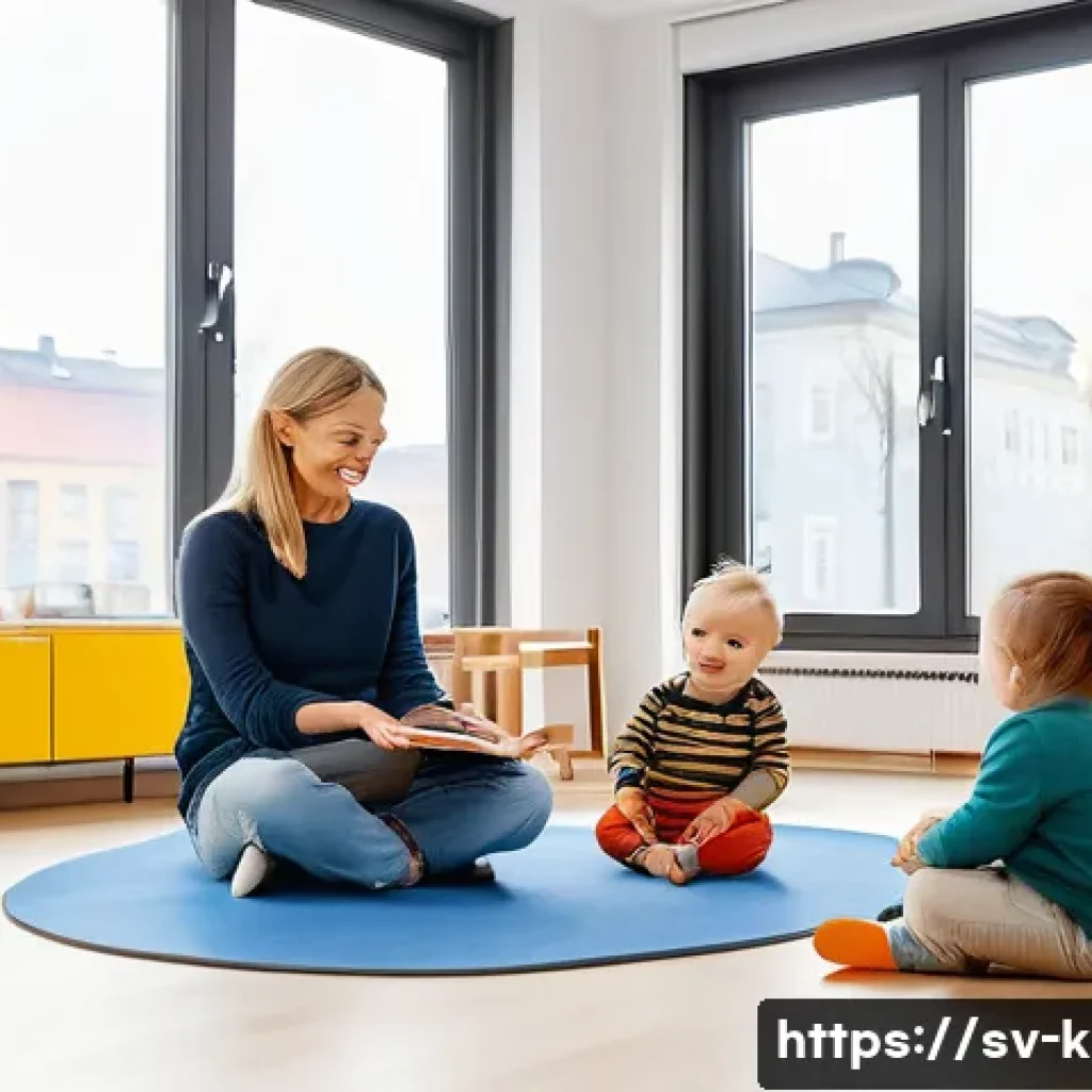 유아교육지도사 자격증 취득 후 연봉 협상 사례 - A professional early childhood educator in a modern Stockholm daycare center, dressed in neat casual...