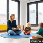 유아교육지도사 자격증 취득 후 연봉 협상 사례 - A professional early childhood educator in a modern Stockholm daycare center, dressed in neat casual...