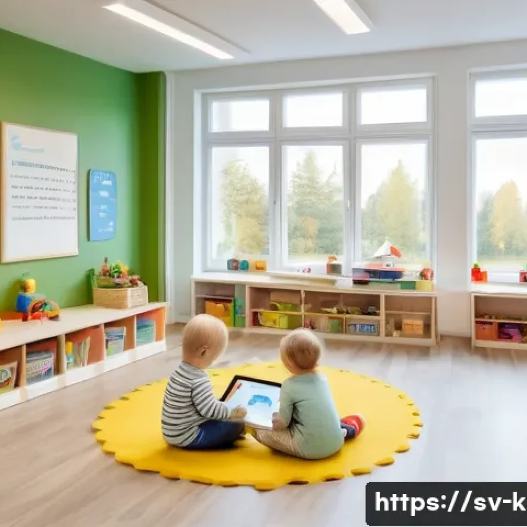 유아교육지도사로서 업무 일지 작성법 - A bright and cozy preschool classroom scene in Sweden, showing a diverse group of young children age...