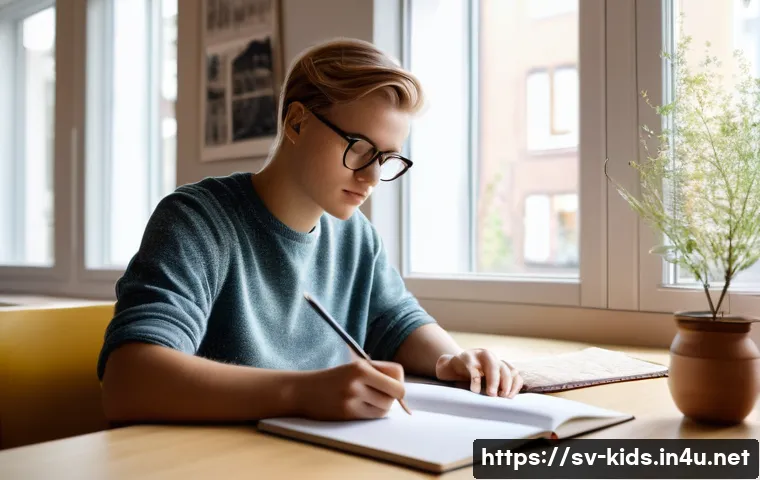 유아교육지도사 필기시험 예상문제 풀이 - A cozy study scene featuring a young adult Swedish student sitting at a wooden desk in a bright, mod...