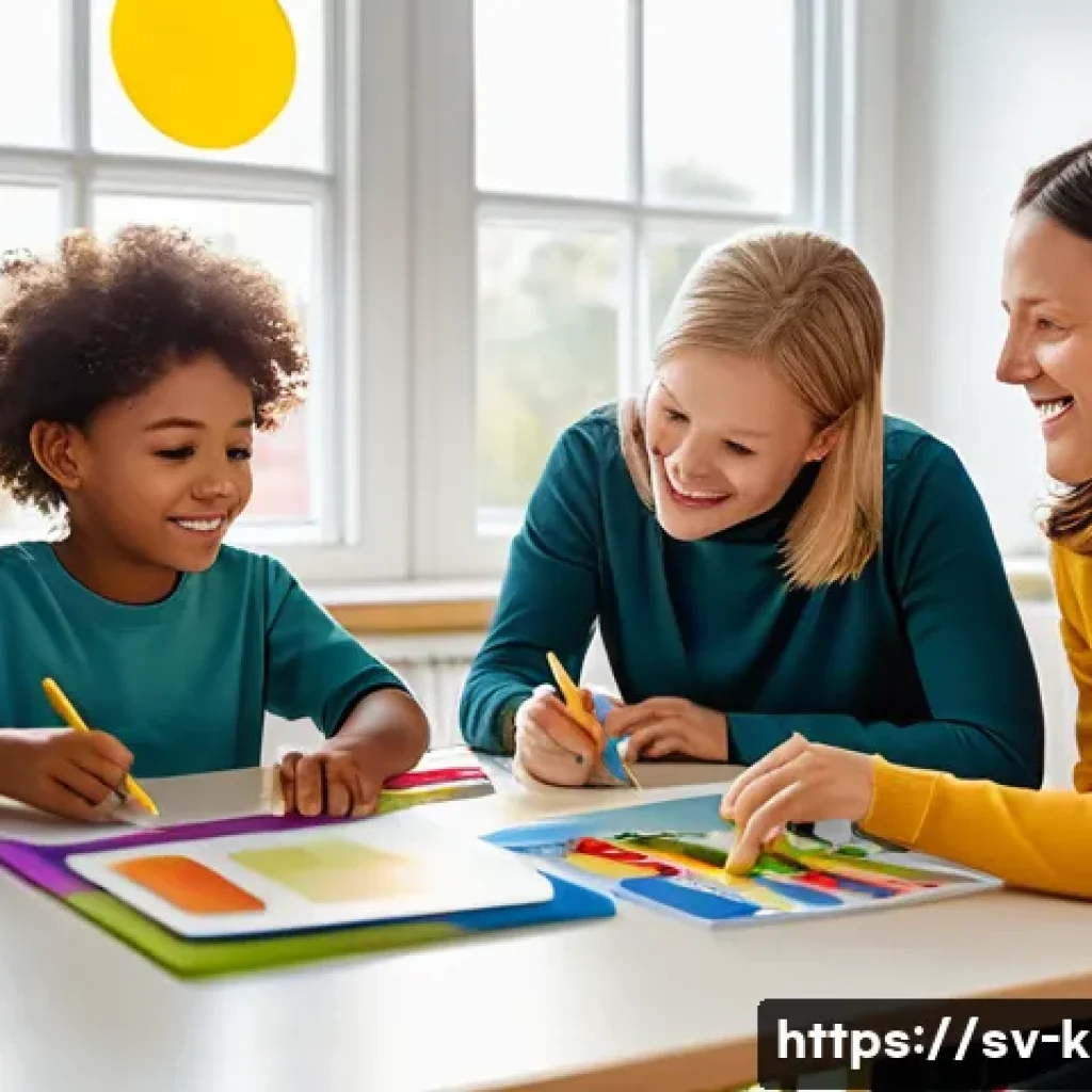 유아교육지도사로서 경력 개발을 위한 활동 사례 - A bright and welcoming Swedish preschool classroom scene featuring a diverse group of teachers activ...