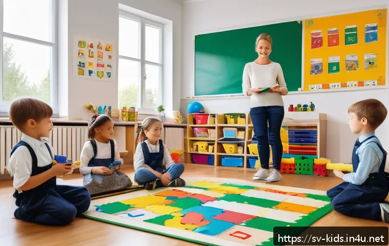 유아교육지도사 필기시험의 출제 경향 분석 - A bright and inviting preschool classroom scene in Sweden, filled with diverse young children wearin...