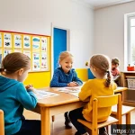 유아교육지도사 강의 시 필요한 시각자료 - A vibrant and colorful classroom scene in a Swedish preschool setting, featuring diverse children ag...