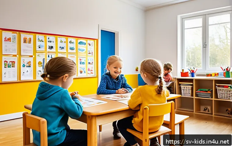 유아교육지도사 강의 시 필요한 시각자료 - A vibrant and colorful classroom scene in a Swedish preschool setting, featuring diverse children ag...