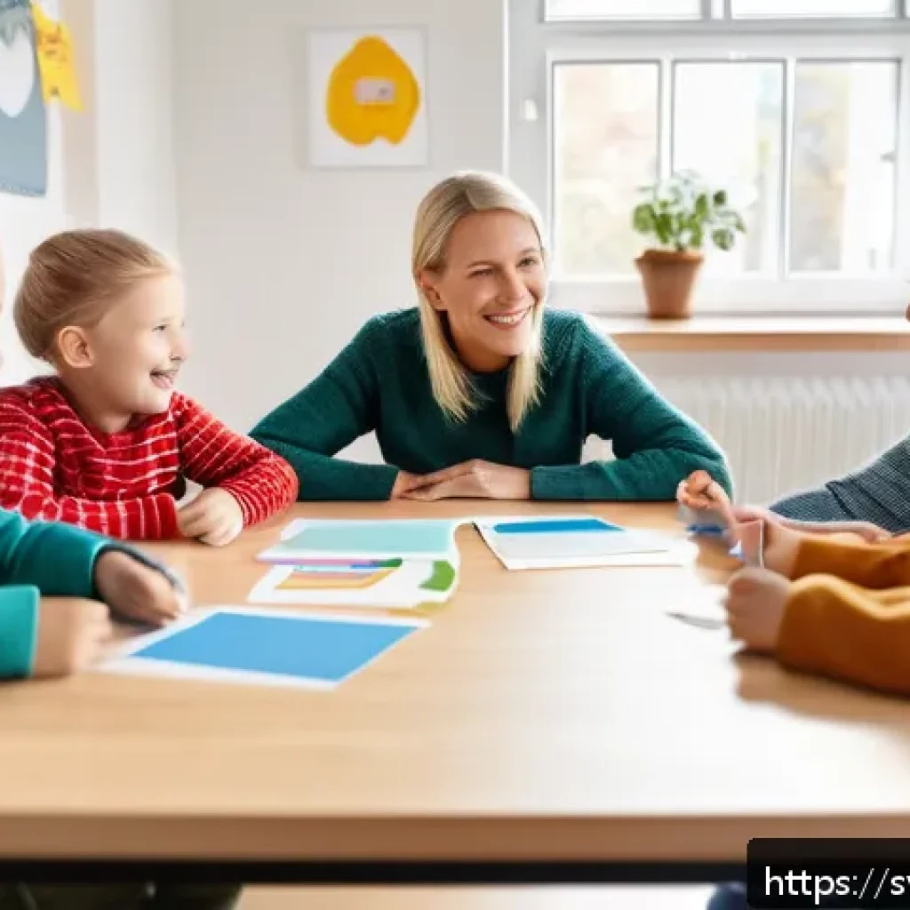 유아교육지도사로서의 직무 관리 및 피드백 - A warm and collaborative preschool classroom scene in Sweden, showing a diverse group of early child...