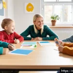 유아교육지도사로서의 직무 관리 및 피드백 - A warm and collaborative preschool classroom scene in Sweden, showing a diverse group of early child...