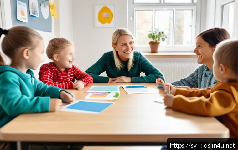 유아교육지도사로서의 직무 관리 및 피드백 - A warm and collaborative preschool classroom scene in Sweden, showing a diverse group of early child...