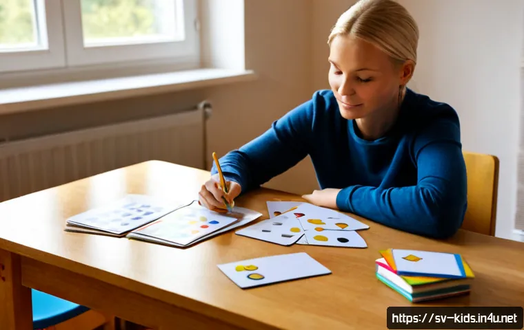 유아교육지도사로서의 교육 목표 설계 사례 - Photorealistic Swedish preschool educator designing learning goals at a clean wooden table, arrangin...