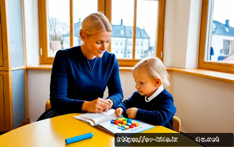 유아교육지도사 실무 중 가장 빈번한 질문 - Photorealistic Swedish preschool classroom consultation, a warm early-childhood educator in modest p...