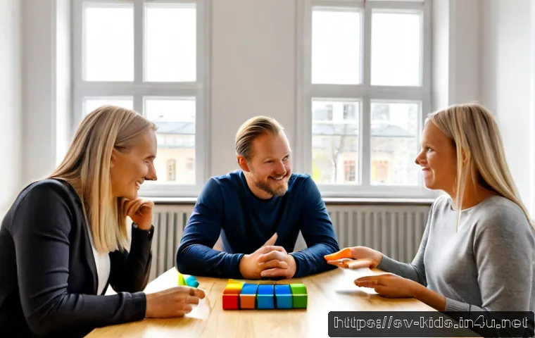 유아교육지도사로서 팀워크 향상 방법 - Photorealistic Swedish preschool educators collaborating during a calm planning meeting, four divers...