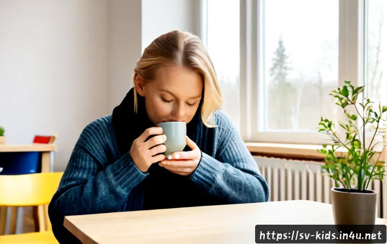 Home 17 유아교육지도사 업무 스트레스 관리법 - Photorealistic Swedish preschool educator taking a quiet stress-relief break in a bright Nordic staf...