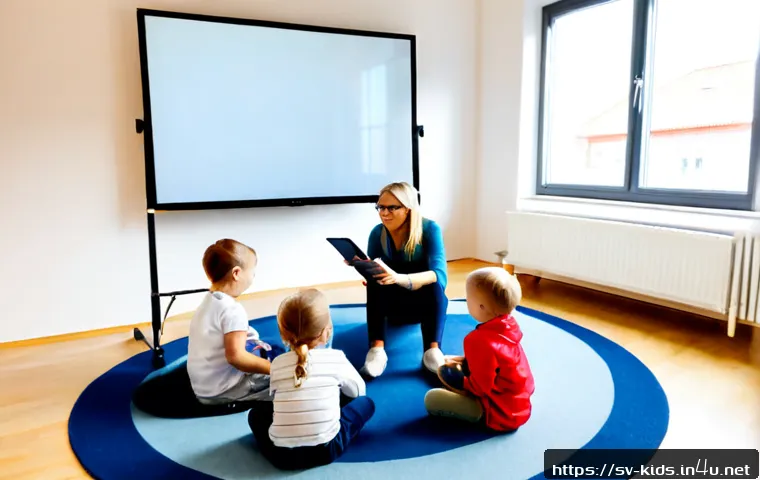 유아교육지도사 강의 장비 활용법 - Photorealistic Swedish preschool educator demonstrating how to use a tablet and compact document cam...