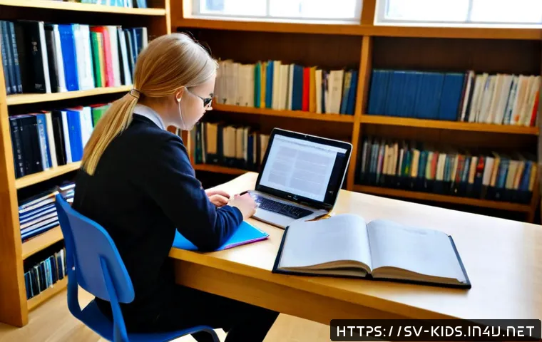 Home 17 유아교육지도사 관련 논문 검색법 - Photorealistic scene of a Swedish early childhood education student researching academic papers at a...
